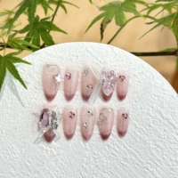 Faux ongles à presser faits main de luxe, motif fleur 3D, perle, rose nude, réutilisables, forme amande, à coller