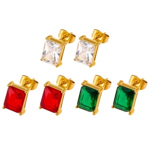 थोक फैशन गहने 18k सोना स्टेनलेस स्टील ज्यामितीय कान स्टड मेराल्ड लाल और सफेद वर्ग जिरकोन स्टड ईयररिंग्स महिलाओं - Product Image 6