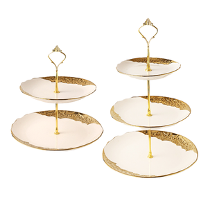 Support à gâteaux de luxe en gros à 2 ou 3 niveaux, en porcelaine dorée en relief, pour mariage, fête, service de thé de l'après-midi - Product Image 1