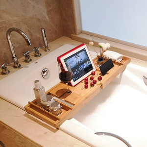 Bamboo Bathtub Rack Telescopic Wine Tray Holder Multi Functional <b>Tablet</b> Phone <b>Stand</b> Bathroom Storage Rack Retractable Movable - Product Image 1