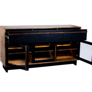 Aparador Oxberg de Madera Natural y Negra con Puertas de Vidrio y Estantes con Iluminación LED - Product Image 4