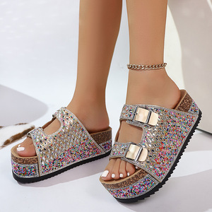 2025 New Arrival Women's Wedge Sandals Bling Colorful Rhinestone Upper Double <b>Strap</b> Thick Sole Comfortable - Product Image 2