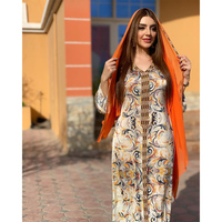 Gaun Abaya Panjang Islami Dubai Fashion Motif Bunga Cetak Floral Desain Gambar Tangan Muslim
