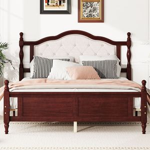 American Style Solid Wood Upholstered <b>Bed</b> Brick Red Mahogany <b>Double</b> Size Bedroom Furniture - Product Image 3