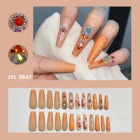 Ongles Press-On de Luxe Automne Orange Ombré Longs Forme Cercueil en ABS avec Strass 3D Motif Feuille d'Érable Mat Réutilisables