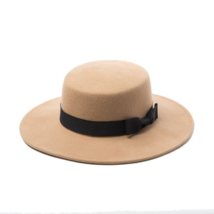 Fedora Moda Unisex <span class=keywords><strong>Homburg</strong></span> Flat Top Hat Invierno Nueva llegada Sombrero plano de fieltro de lana con lazos para adultos Mujeres Fedora - Product Image 5
