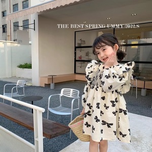 Robe en coton imprimé floral pour bébé et enfant, style coréen, beige, manches bouffantes, broderie sur la poitrine, robes pour enfants - Product Image 4