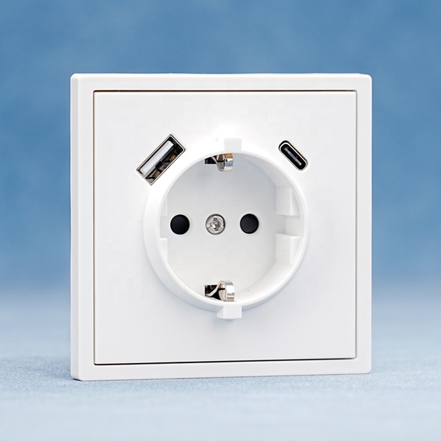 European Standard Germany Socket with USB Type a Type c Charger Wall Mounted Power Outlet with PC Panel 250V 16A