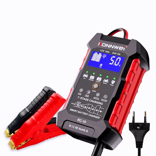 Smart 10A Fast Charging 12V/24V Automotive Battery Charger for Cars Motorcycles Boats Truck Marine