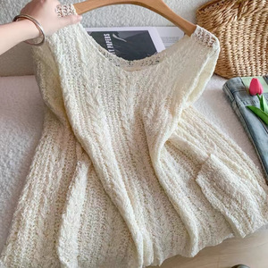Top de punto calado con cuello en V para mujer, suelto, de manga larga, suave, de ganchillo, para primavera y verano - Product Image 1