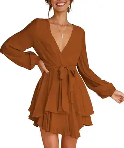 गहरी वी-गर्दन लंबी लालटेन आस्तीन कमर टाई प्लीटेड हेम मिनी स्विंग स्केटर ड्रेस के साथ ठोस रंग औपचारिक पोशाक