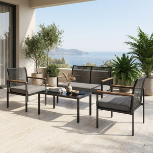 Ensemble de canapés d'extérieur moderne 4 pièces confortable en rotin noir creux avec structure en acier, mobilier de <span class=keywords><strong>jardin</strong></span>, accoudoirs aspect bois, pour cour et hôtel - Product Image 5