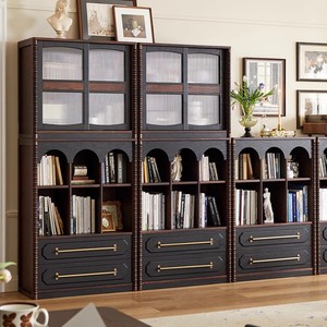 French Style <b>Solid</b> <b>Wood</b> <b>Bookcase</b> 80cm Modular Full Wall Storage Cabinet For Home Office Study Retro Floor To Ceiling Bookshelf - Product Image 2