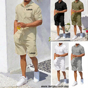 Mùa Hè Mới 2025 Người Đàn Ông Của Phòng Tập Thể Dục Chạy Bộ Theo Dõi Phù Hợp Với Tùy Chỉnh Lanh Ve Áo Lỏng Rắn Màu Dệt Kim T Áo Sơ Mi & Ngắn Thiết Lập Với Mô Hình In - Product Image 3