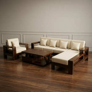 Juego de Sofás Modulares en Forma de L de Madera de Teca Sólida Minimalista con Sillón y Mesa de Centro, Muebles Modernos para Sala de Estar, Hogar, Villa u Hotel - Product Image 3