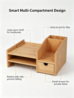Organisateur de rangement en bambou naturel avec 2 tiroirs, boîte de rangement de bureau multi-usages pour cosmétiques, papeterie, thé