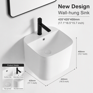 Lavabo Rettangolare in Ceramica da <span class=keywords><strong>Bagno</strong></span>, Design Sospeso, Bianco Lucido, Semi-piedistallo - Product Image 2