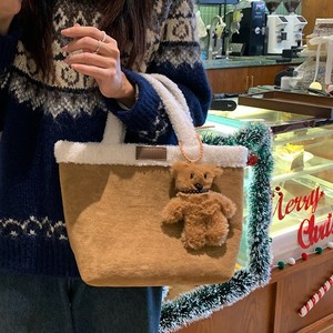 Plush Tote Bag Khaki Faux Lamb Wool Women's Everyday Winter 2024 - Product Image 4