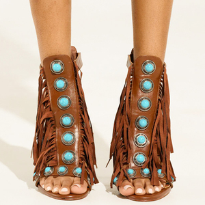 Women's Retro Front Emerald Tassels Sandals Back Zipper Cut Out Shoes <b>High</b> <b>Heels</b> Roman Styles Summer Open Toe Pumps - Product Image 2