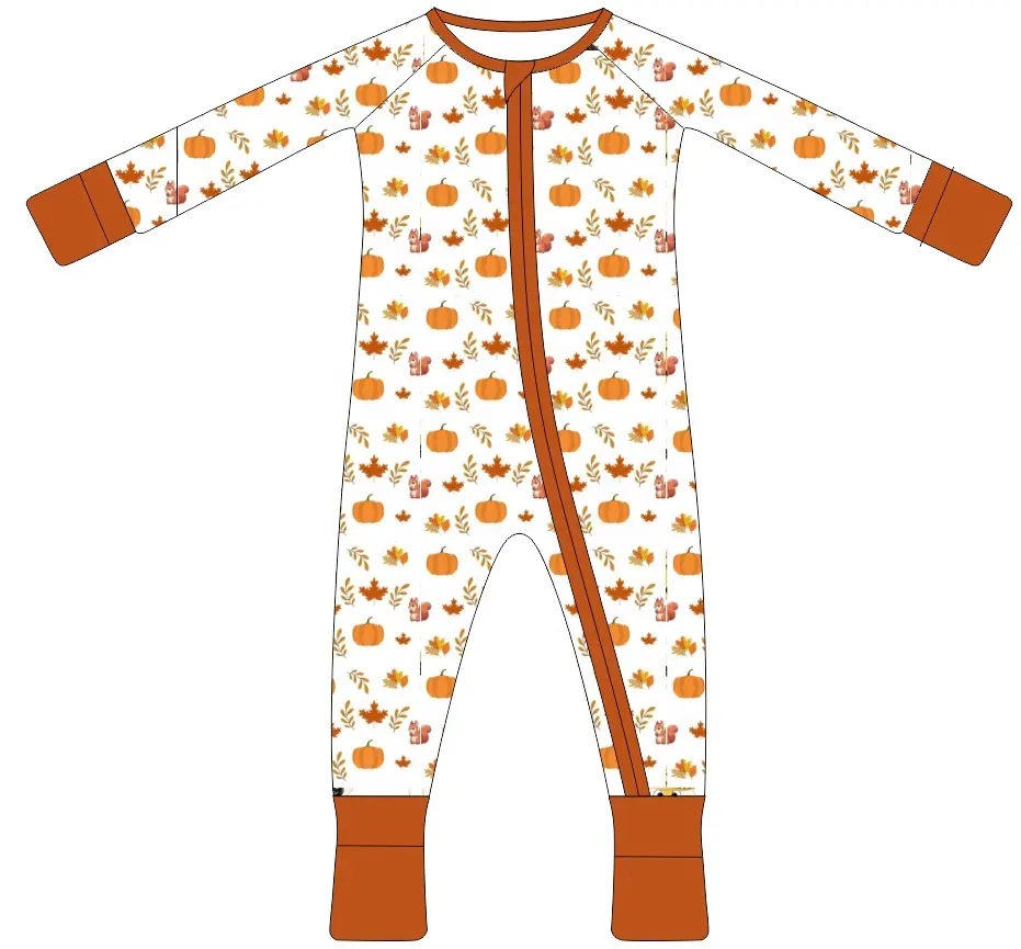 Baju bayi bambu cetak kustom piyama bayi katun organik Romper Halloween bambu anak Balita Romper ritsleting bayi