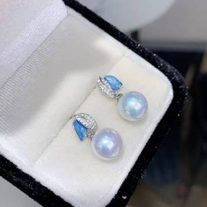 factory wholesale New Blue Enamel Leaf Zircon Pearl <b>Drops</b> 11-11.5mm Near Round Bright Luster Freshwater Pearl <b>Silver</b> <b>Earrings</b> - Product Image 5