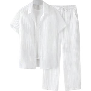 FOXA Men's 2 Piece Cotton Shirt Set Short Sleeve Button <b>Down</b> Drawstring <b>Pants</b> Breathable Vacation Outfits - Product Image 1