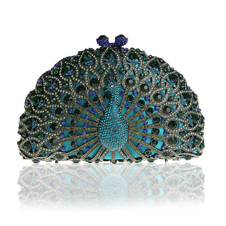 Wholesale luxury blue peacock crystal rhinestone evening clutch bag for ladies