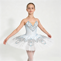 Robe de tutu de ballet professionnelle bleu clair, broderie argentée avec strass bleus, jupe plissée, pour compétition scénique des filles