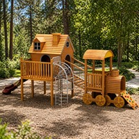 Tobogán en Espiral de Acero y Madera con Temática de Tren, Aprobado por EN1176, Cabina Sólida, Escalador de Rocas, Parque Infantil Comercial para Jardín Exterior