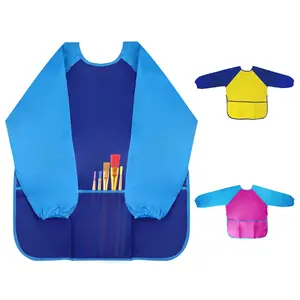 儿童围裙长袖防水儿童艺术围裙工作服，带三个口袋，供艺术绘画学校使用