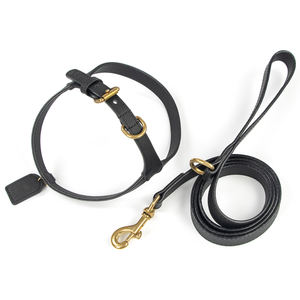 Arnés y Correa para Perro de Cuero Vegano Negro Pulido, Herrajes de Latón, Agarre Cómodo, Ajuste Ajustable para Perros Pequeños y Medianos, Ideal para Uso Diario - Product Image 1