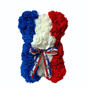 Boîte cadeau ours en fleurs artificielles France, roses bleues, blanches et rouges, ours en peluche pour les fans de football, souvenir en gros - Product Image 1