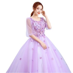 Purple Tulle Ball Gown Scoop Neck Empire Waist Long Skirt Floral Print Sheer Layer Evening Dress - Product Image 5