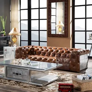 Foshan Factory industrial aviation style sofa Aluminium chesterfield genuine leather sofa antique aviator furniture