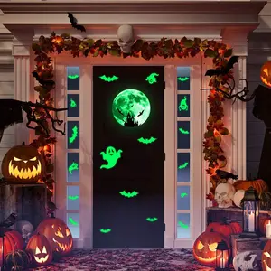 Stiker jendela Halloween kelelawar fluoresensi laba-laba stiker labu Dekorasi Halloween menyala dalam gelap stiker bercahaya