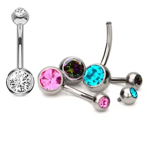 Newness 100% 316L Surgical Steel Internally Threaded Double Gemmed Ball Belly Button Navel Ring Body Jewelry