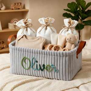 Custom Diaper <b>Basket</b>, Personalized Corduroy Storage Bin for Nursery Decor, Foldable Cloth <b>Laundry</b> Hamper for Diapers, Blankets - Product Image 4