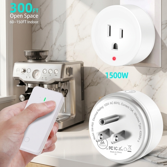 15A Smart Wireless Outlet UL Listed 1500W LED Remote Control Socket for High Power Appliance Air Fryer Coffee Maker Safe Plug