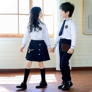 Primary <strong>School</strong> Students' British-Style <strong>School</strong> Uniform White Shirts <strong>Navy</strong> Skirts <strong>Trousers</strong> with Custom Embroidered <strong>School</strong> Badge - Product Image 2