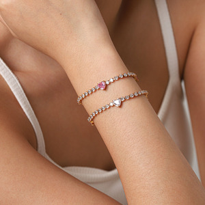Dainty Heart Shaped Pink <b>White</b> Zircon Link <b>Bracelet</b> Anti Tarnish Polished Stainless Steel Ladies Accessories - Product Image 2