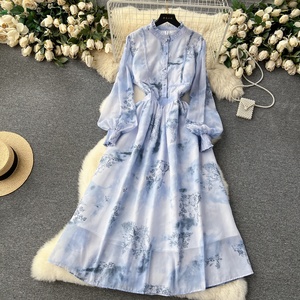 Nueva moda francés Retro impreso teñido gasa <span class=keywords><strong>Couture</strong></span> Vestido de manga larga Slim Fit Seaside Resort vestido para mujer - Product Image 1