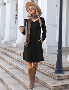 Vente chaude décontracté doux col en v <span class=keywords><strong>a</strong></span>-ligne à manches longues robe élégante femmes tricoté plissé imprimé robe mi-longue avec poches latérales - Product Image 4