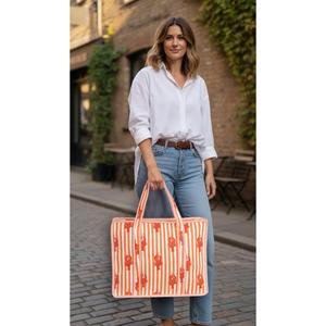 Bolso de mano de algodón con estampado de langosta a rayas naranjas, estilo playero de verano, con cierre de cremallera, estilo de estampado en bloque - Product Image 3