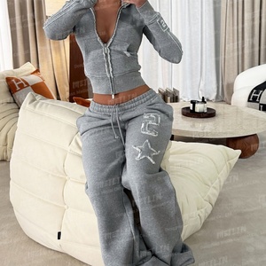 Custom Clothing Manufacturers Distressed Embroidery Patch <b>Zip</b> <b>up</b> Jackets Hoody and Sweatpants Gray <b>Cropped</b> Sweatsuit Set Women - Product Image 3