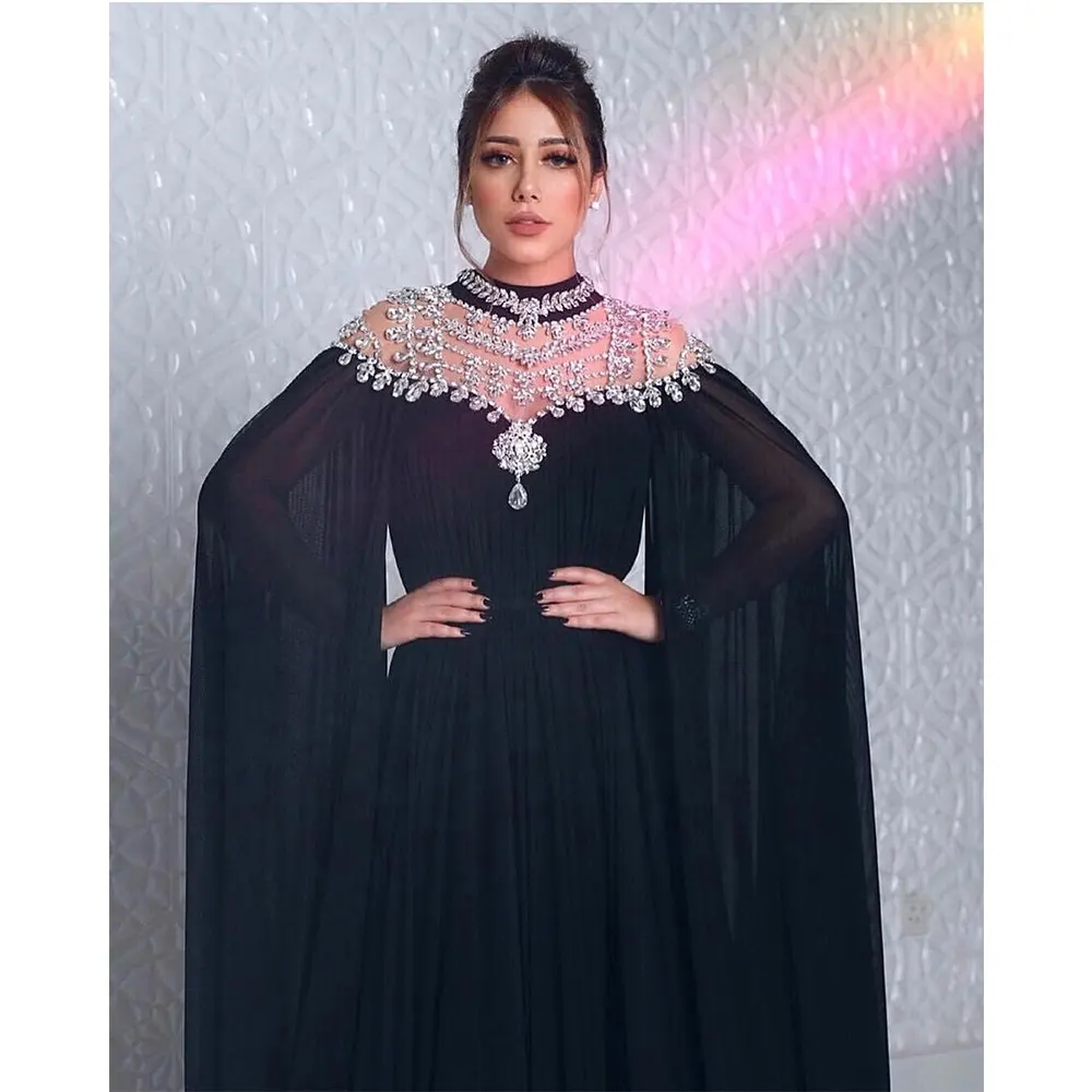 Evening Gowns Cheap Dresses Kaftan Abiye Black Evening Dress Long Sleeves Beaded Crystal Chiffon Formal Gown Women Elegant Vestido Robe