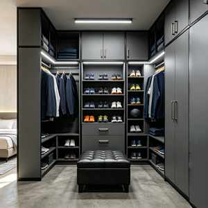 Armoire moderne en bois gris mat pour adolescents, avec dressing intégré, étagère à chaussures multi-niveaux et meuble <span class=keywords><strong>de</strong></span> rangement pour ballons <span class=keywords><strong>de</strong></span> basketball, idéale pour villas <span class=keywords><strong>de</strong></span> luxe - Product Image 4