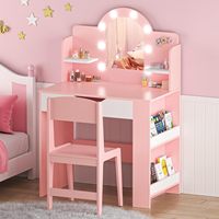 Ensemble de coiffeuse pour enfants en bois avec miroir à LED, table de maquillage pour tout-petits, plateau amovible, armoire de rangement cachée et 2 portes