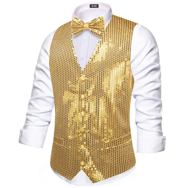 Hi-Tie Herren Slim Fit Pailletten Weste V-Ausschnitt golden glänzend Weihnachtsparty-Kleid anzug stilvolle Weste Weste Boxschiene 2 Stück
