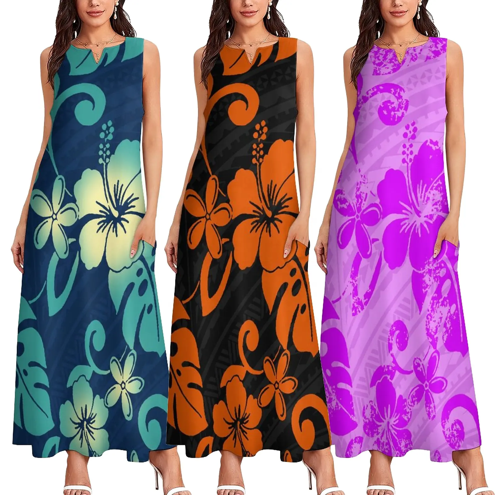 Clothing Manufacturers Custom hibiscus plumeria flowers print sleeveless dress sexy casual polynesian women long dresses