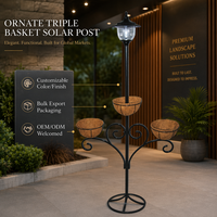 Support de pot de fleurs solaire à 3 paniers avec doublure en fibre de coco, cadre en fer recouvert de poudre, pour la décoration quotidienne du jardin, du patio et de la cour